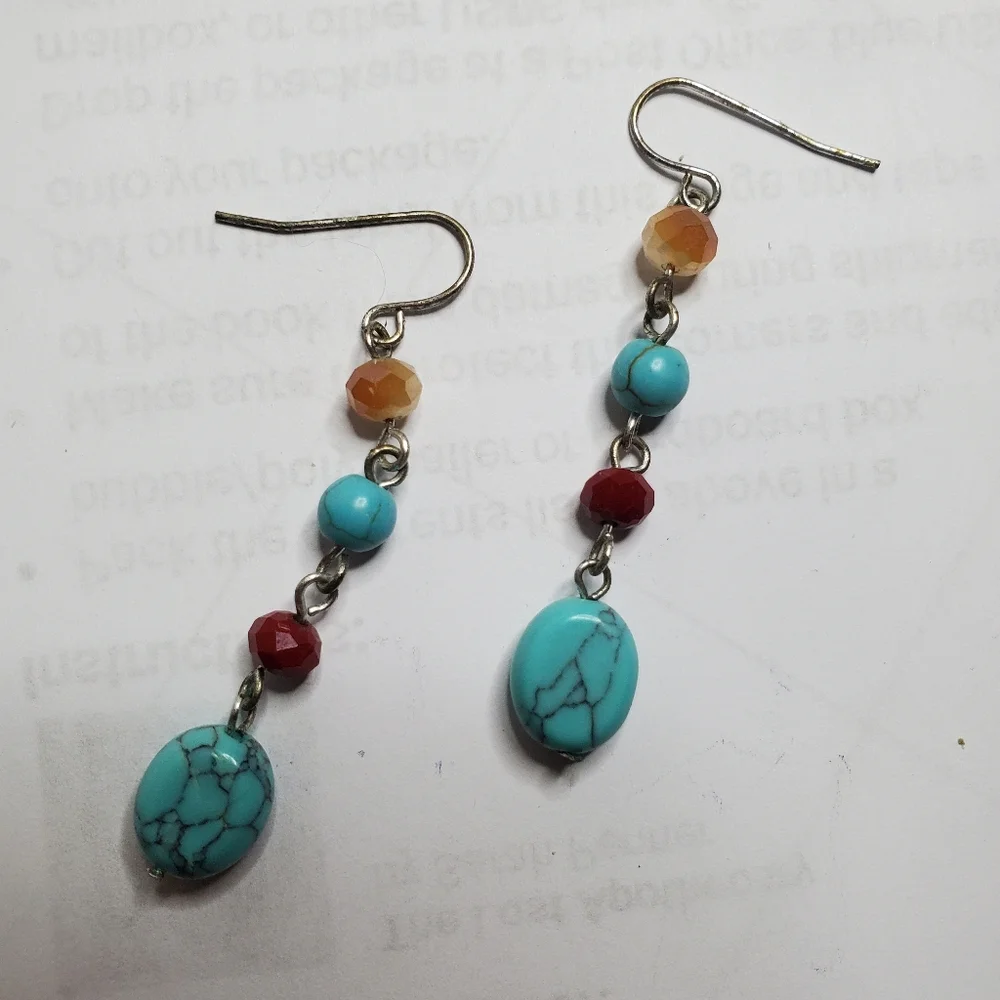 Turquoise And Burgundy + Orange Glass Bead Long SouthWestern Dangle Earrings